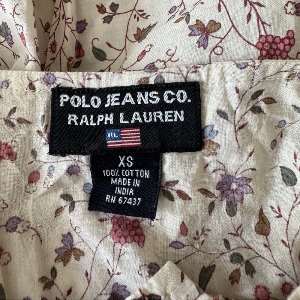 Vintage Polo Jeans Co Ralph Lauren XS Floral Blouse Cotton Long Sleeve Cream Y2K - Picture 7 of 8